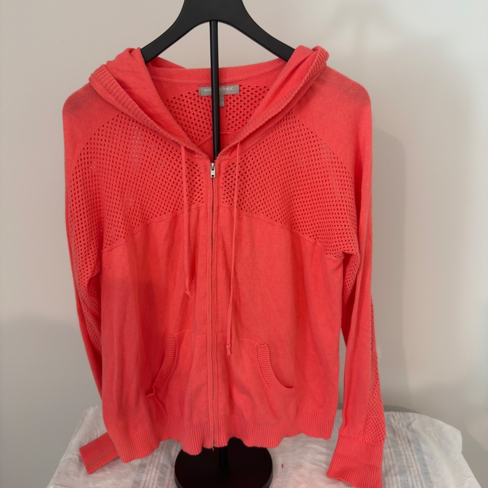 Banana Republic Womens Coral Pink Pointelle Mesh Knit Full Zip Hoodie Sweater L